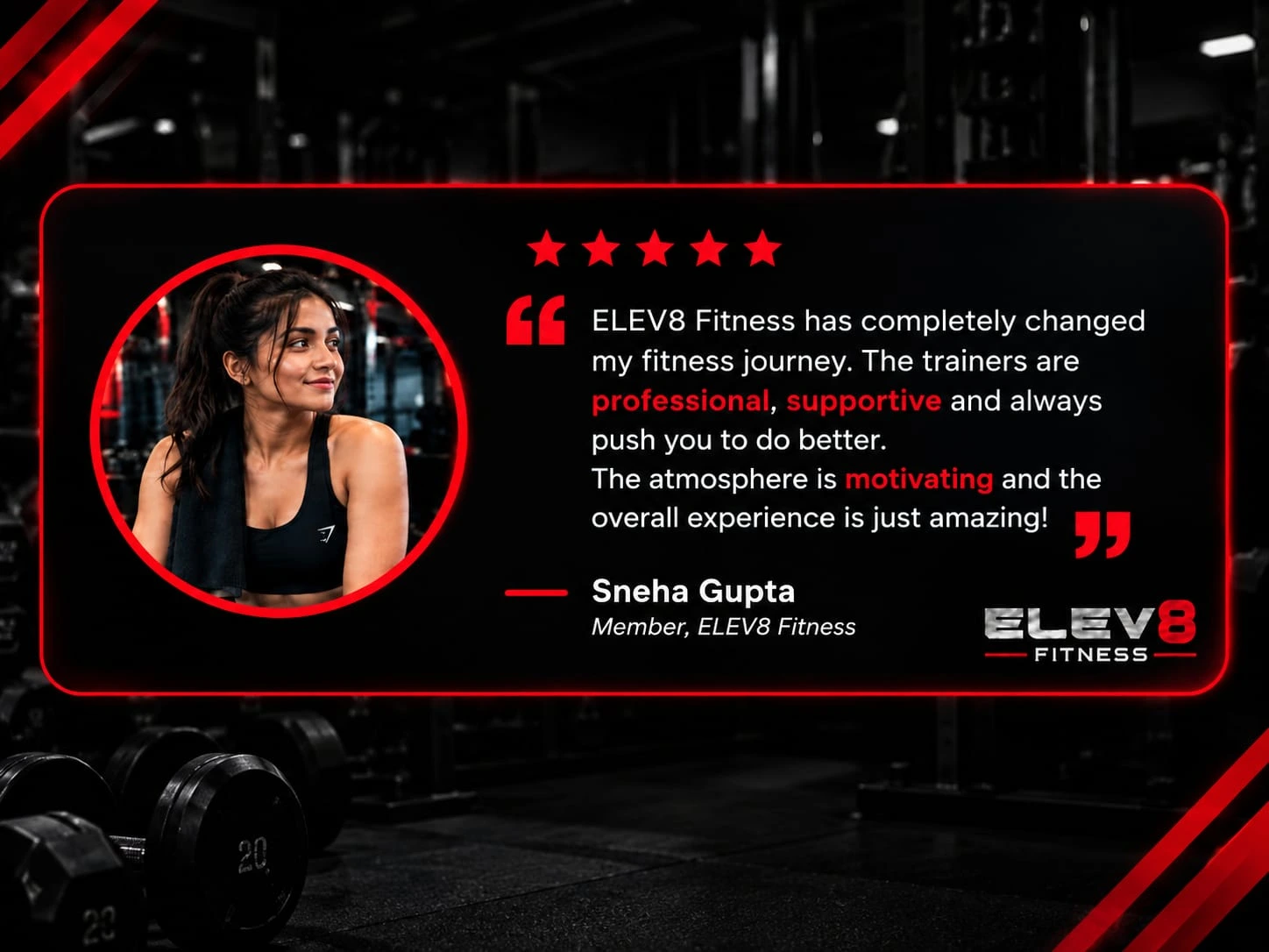 Sneha Gupta sharing her fitness journey at ELEV8 Fitness gym