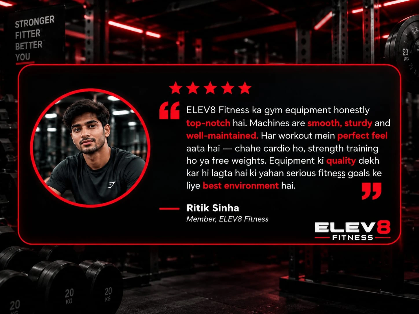 Ritik Sinha reviewing gym equipment and facilities at ELEV8 Fitness