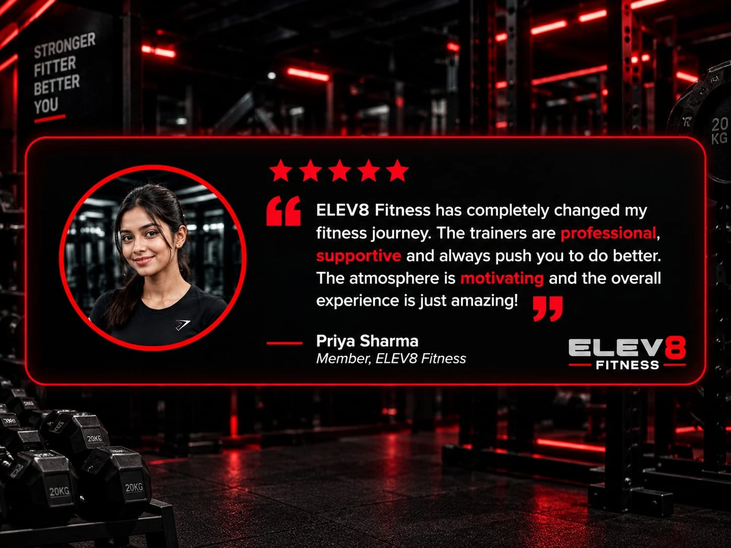 Priya Sharma sharing her fitness experience at ELEV8 Fitness gym in Kolkata